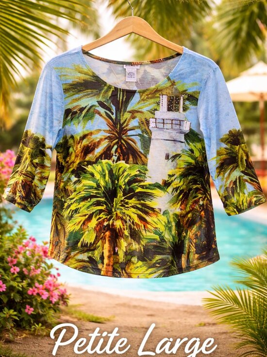 Bon Worth Tops - Bon Worth Tropical Palm & Lighthouse Top – Petite Large 🌴 NWT